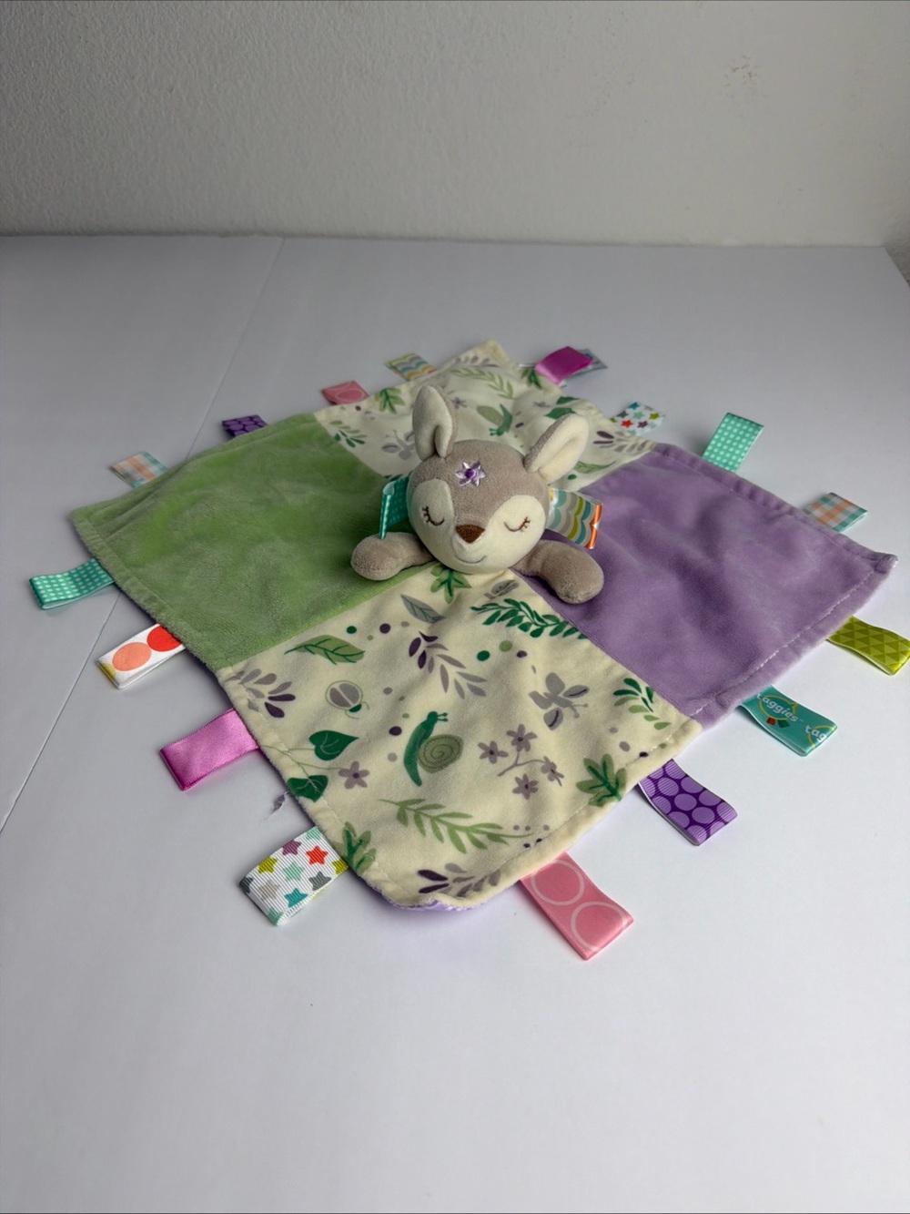 Taggies Mary Meyer Flora Fawn Security Blanket Lovey Deer Purple Green Sensory